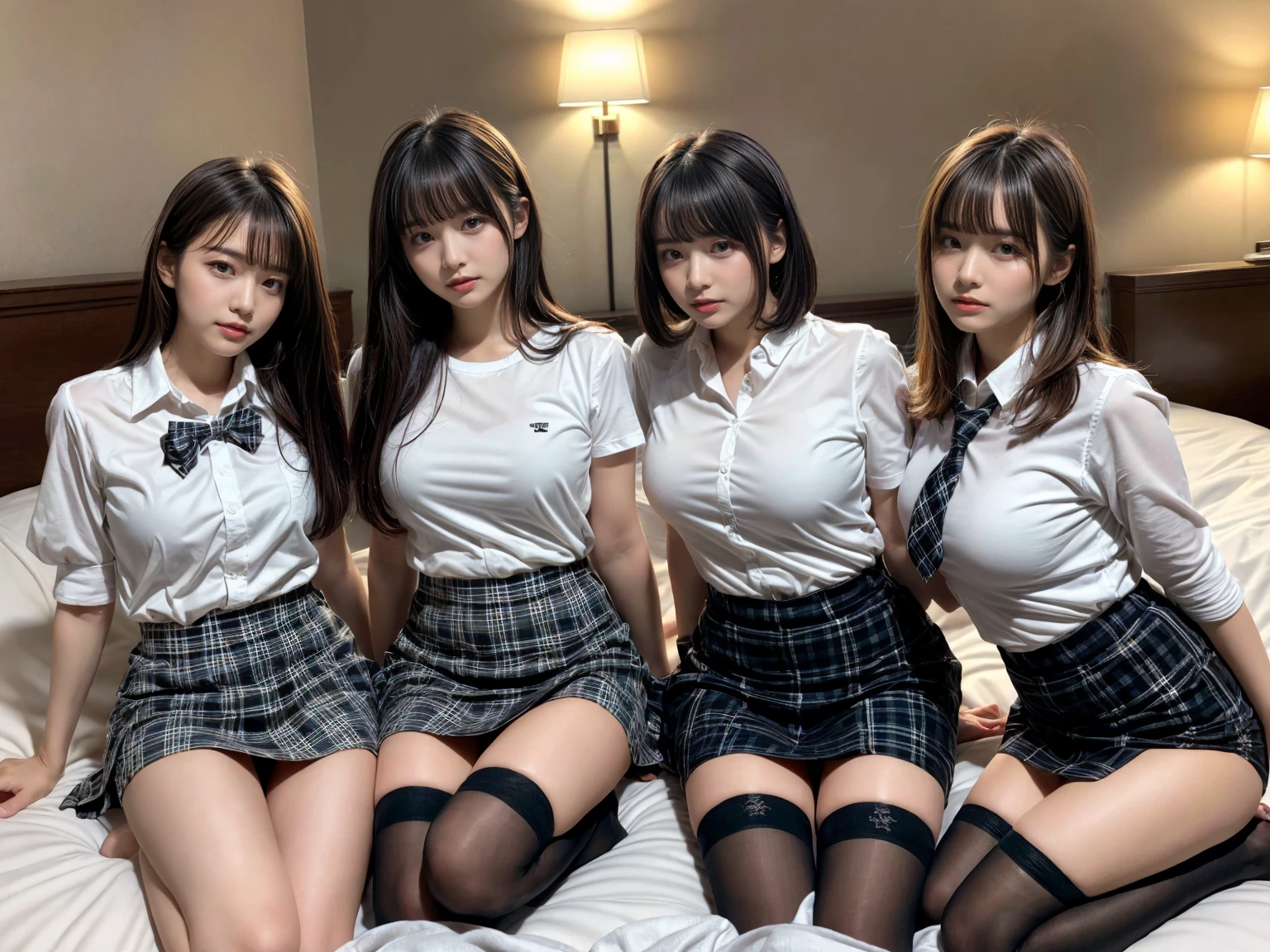 masterpiece, best quality, illustration, Super detailed, fine details, High resolution, 8K,wall paper, perfect dynamic composition,(Details High quality, realistic depiction of eyes:1.3), (3 girls), (white school shirt :1.2), (plaid skirt :1.3), tie black, black thigh-high stockings, sitting, open legs, short bob hair, in a hotel room in the background, deep on field, large breasts, black hair color, Big Natural Color Lip, (perfect body shape), crying a little、Harajuku style、20 year old girl、cute type、beautiful legs, Gravure Idol
