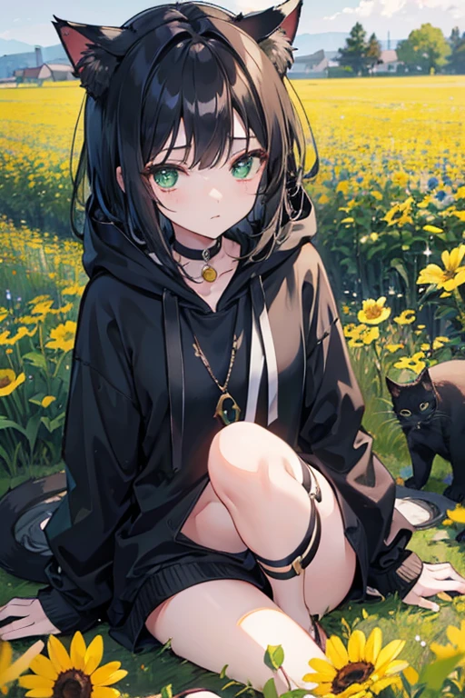 Women、Light black hair、Unshaven、cute、piece、Green Eyes、Black hoodie、Gold Necklace、Young Girl、Flower Field、Cat ear