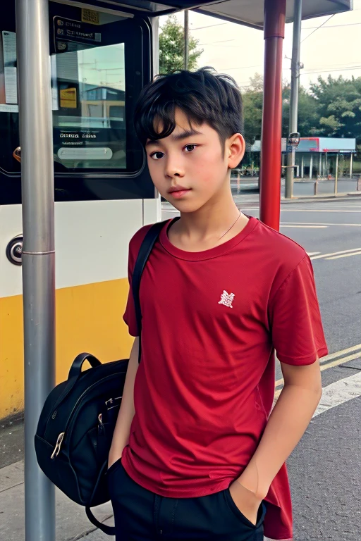 Boy wearing a red shirt is waiting at the bus stop for the bus