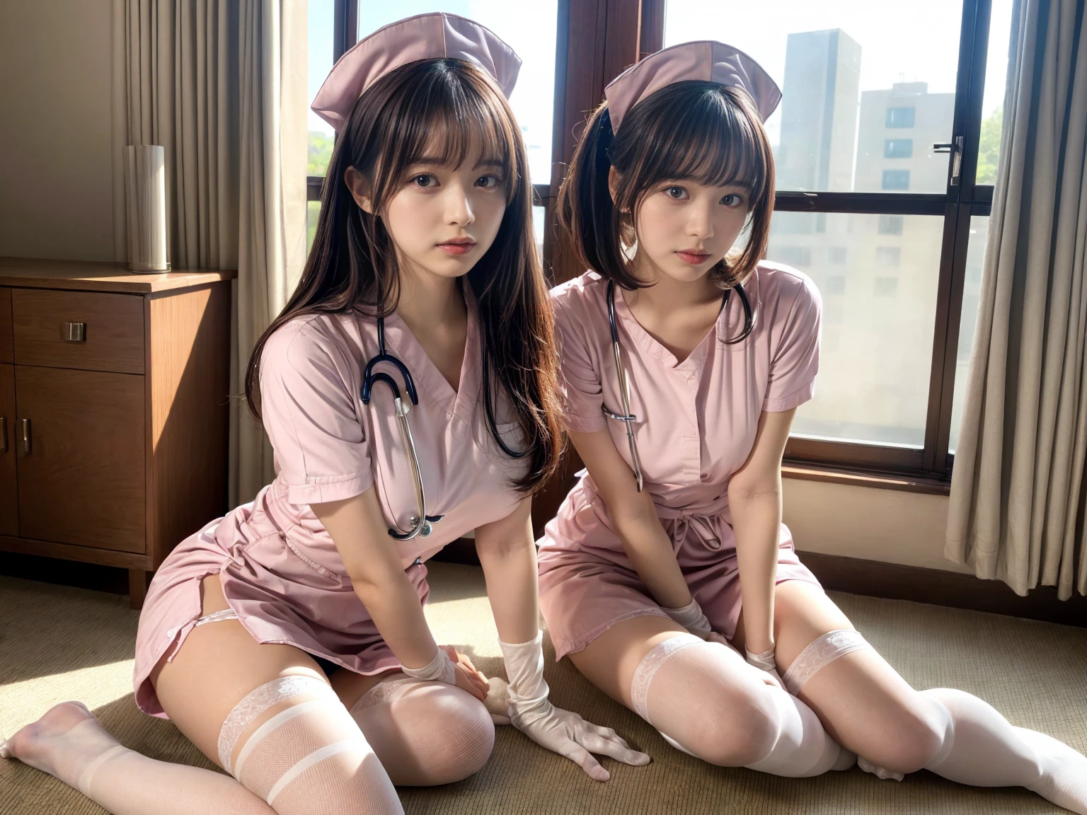 With the best image quality、Photos with the image of Japan and modern beautiful women、Female keeper sitting on a chair、white rubber boots、Shoe soles、Cross your legs、glaring at you with a cheeky attitude、white lab coat、White rubber gloves、Rubber Apron、Wearing white rubber boots、Killing Ground、Dirty boots、