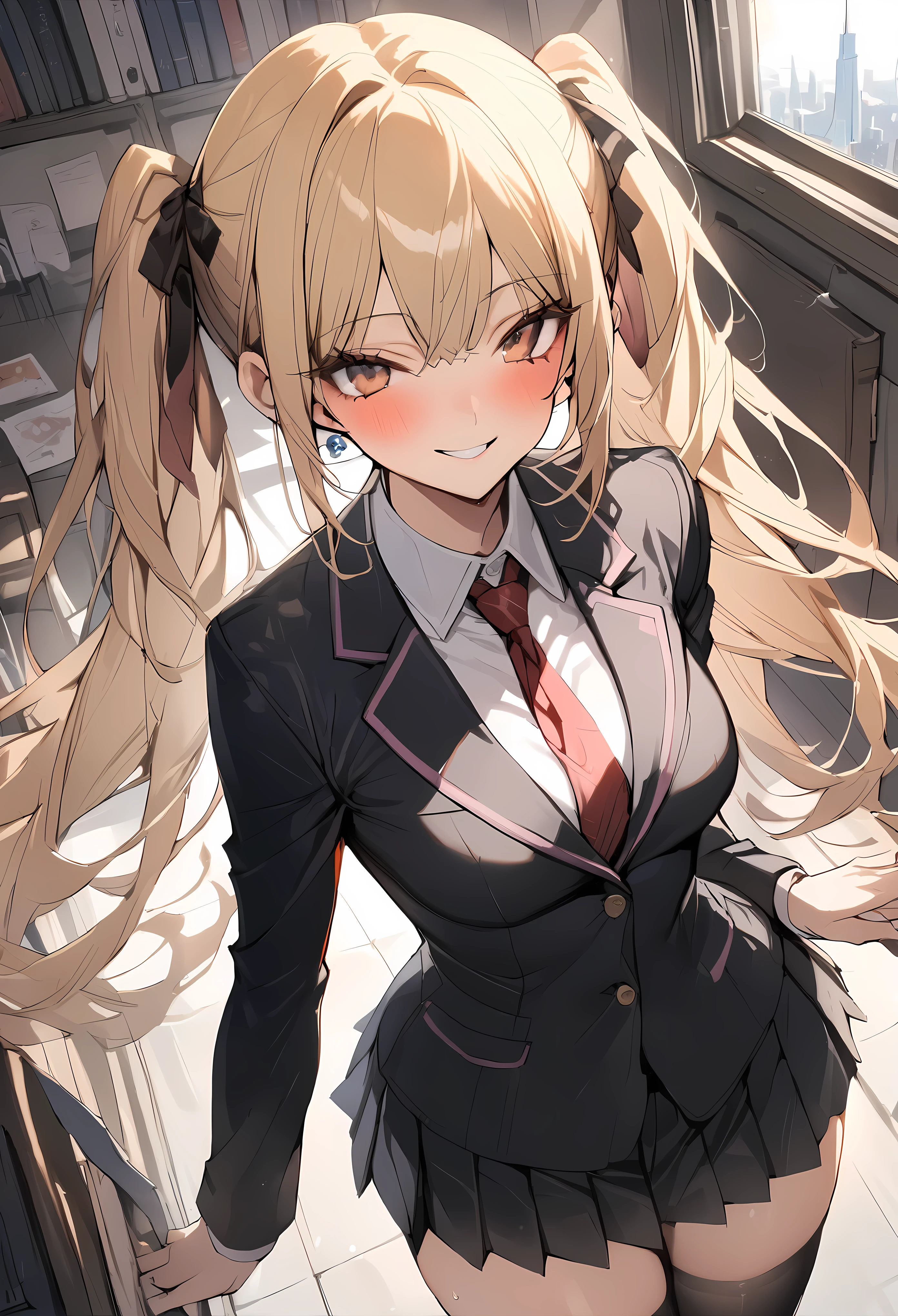 ((masterpiece,best quality anime,Highest quality:1.3)),cowboy shot,Mature Beauty,solo,1woman,((very small head:1.3)),((ideal ratio body proportions:1.2)),blonde hair,high twin tails,straight long hair,bangs,gorgeous eyes,brown eyes,smile,(Academy Uniform、Black blazer jacket、Red tie、Black pleated mini skirt),black_thighhighs,((slender body,skinny)),medium breasts,gleaming skin,shiny skin,classroom、Academy、Modern Tokyo、