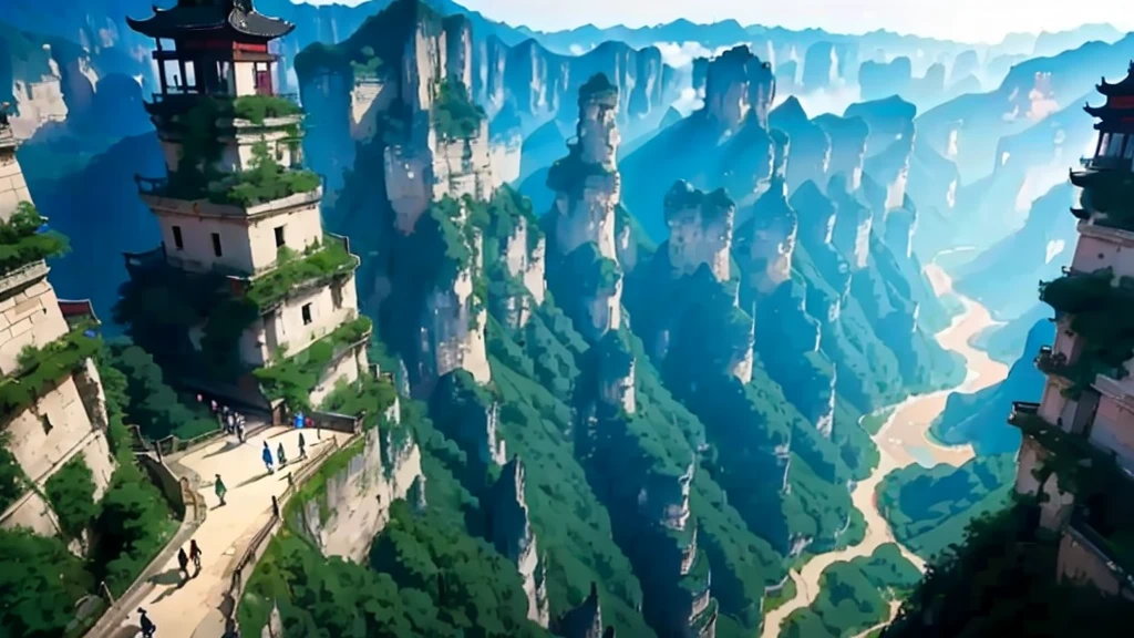 (masterpiece), (best quality), (ultra detailed),),Zhangjiajie national forest park, tianmen mountain, zhangjiajie grand canyon, anime girls visit the Chinese national park, they are excited and happy standing on a ancient well kept wall, in the background is tianmen mountain and zhangjiajie grand canyon