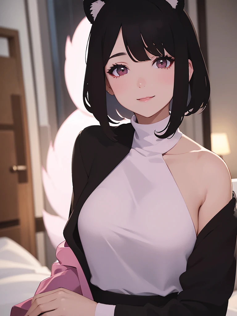 A woman with short shoulder-length hair, black hair, white skin, pink-peach makeup. Cute face with a sweet smile, wearing a white wool turtleneck, with a raccoon on her shoulder.