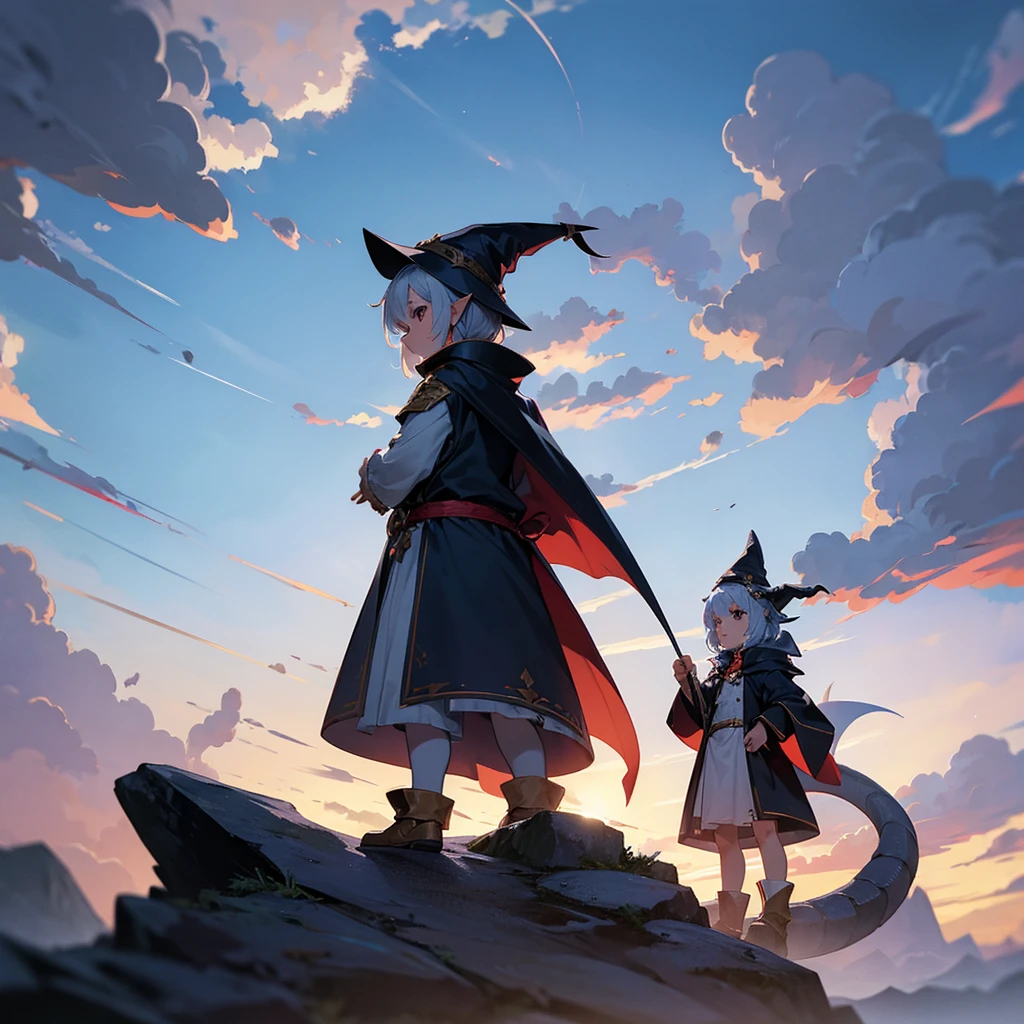 A small dragon dressed as a wizard and wearing a pointed hat. photo of a character standing upright, facing forward.