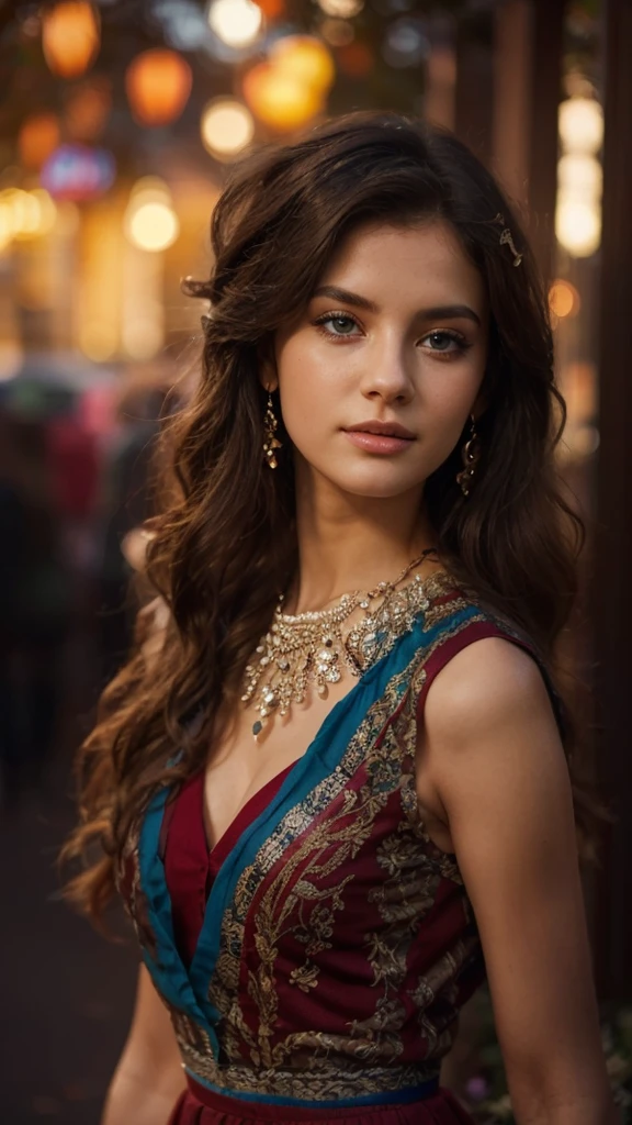 create a beautiful woman, with blue eyes, black jacket, brown curly hair, white skirt in garden,high quality, 8k ultra hd, hyper realistic,full body, 85mm lens