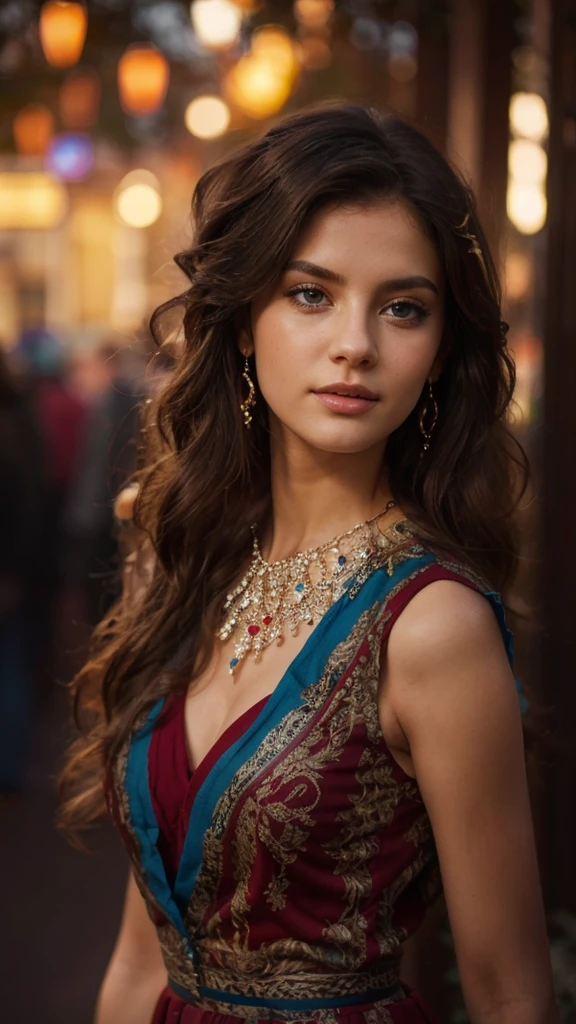create a beautiful woman, with blue eyes, black jacket, brown curly hair, white skirt in garden,high quality, 8k ultra hd, hyper realistic,full body, 85mm lens