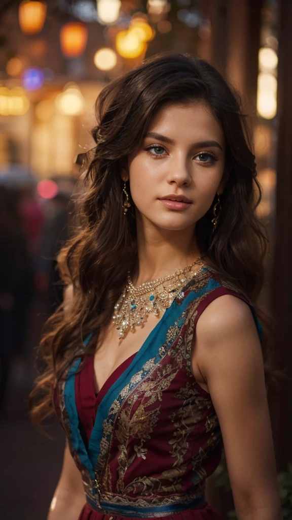 create a beautiful woman, with blue eyes, black jacket, brown curly hair, white skirt in garden,high quality, 8k ultra hd, hyper realistic,full body, 85mm lens