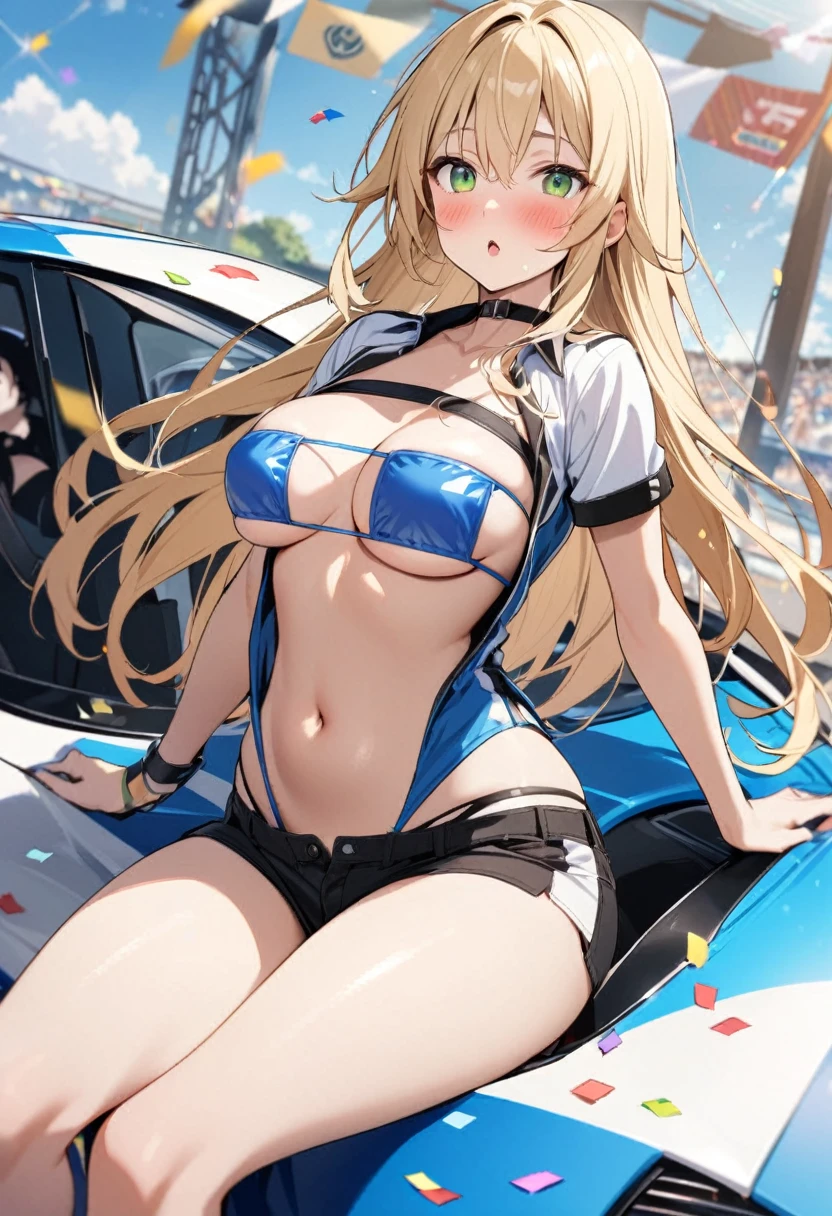 1 girl、solo、Long Hair、chest、Staring at the audience、blush、笑face、Blonde Hair、大きなchest、belly button、chestの谷間、Sitting、Close your mouth、Green Eyes、Swimwear、Short sleeve、（face：No eyepatch）、Eyepatch bikini、Thighs、Outdoor、Open clothes、null、Glasses、Shorts、choker、noon、cloud、stomach、青null、Shorts、Underbust、（Eyepatch bikini色：black）、High leg、blackchoker、blackShorts、Hair Intake、地上car両、自動car、car、Open Fly、Confetti、眼帯High legビキニ、Micro Shorts、Race Queen