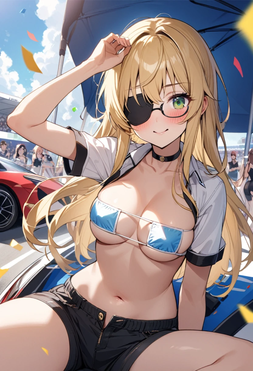 1 girl、solo、Long Hair、chest、Staring at the audience、blush、笑face、Blonde Hair、大きなchest、belly button、chestの谷間、Sitting、Close your mouth、Green Eyes、Swimwear、Short sleeve、(face:No eyepatch)、Eyepatch bikini、Thighs、Outdoor、Open clothes、null、Glasses、Shorts、choker、noon、cloud、stomach、青null、Shorts、Underbust、(Eyepatch bikini色:black)、High leg、blackchoker、blackShorts、Hair Intake、地上car両、自動car、car、Open Fly、Confetti、眼帯High legビキニ、Micro Shorts、Race Queen
