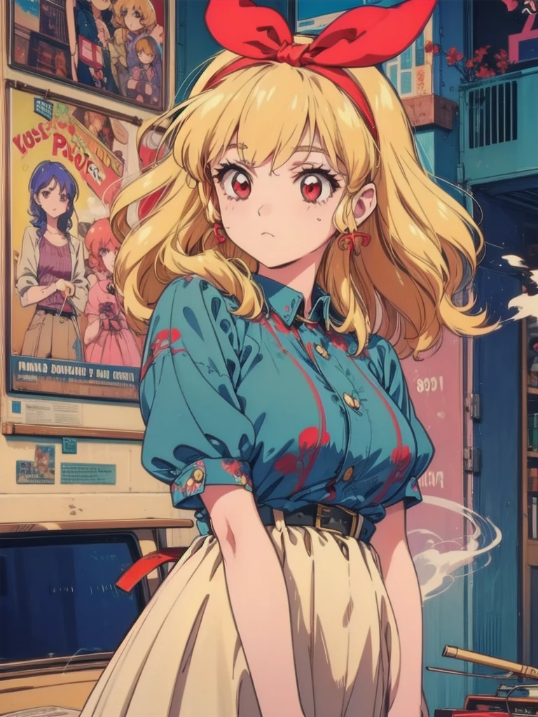 (RED Ribbon on HAIRband:1.2),(80's, retro, city pop poster:1.5), (album cover), (masterpiece, best quality), (anime, illustration), 
best photo pose, dynamic angle, cowboy shot,
girl, solo, 80 anime style, 19 year old Russian girl, blonde girl, shoulder height hair, Bangs, Smoking a cigarette, Wearing a white button-down shirt, short sleeves , and a red skirt, Warzone, Green eyes, large breasts, wide hips, perfect detail eyes, delicate face, RED eyes, blonde hair, hoshimiya ichigo