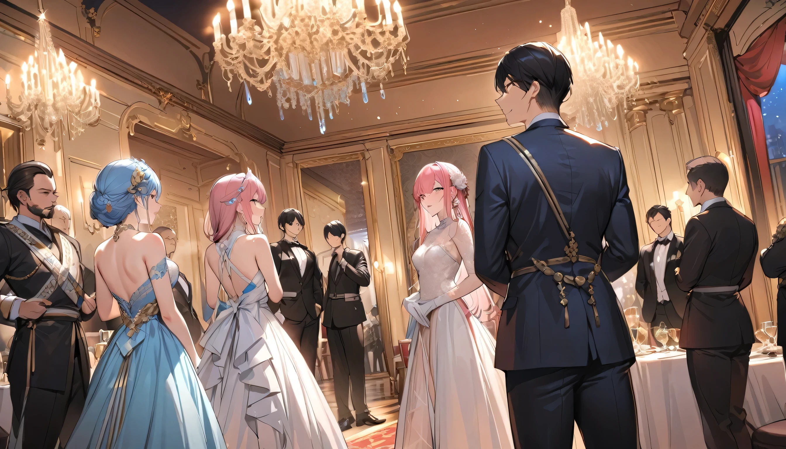 (masterpiece、premium quality、ultra detailed) , (4girl) , (3boy),Gathering of kings and queens of the nations, elegant dinner, inside the most beautiful mansion, at night, armed guards watching the scene.