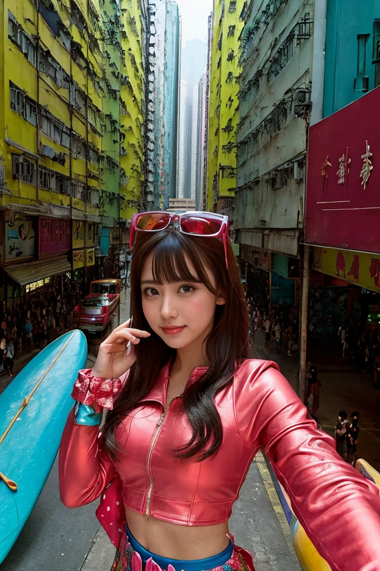 hong kong, day, top view, (Awkward,blush :1.3),Alafi girls take photos in colorful clothes, y 2 k cutecore crowncore, Lovely Decora Rainbow Core, Lovely high quality rendering, Candy Girl, Deco, Unreal Engine : : Carnival Makeup, Working Girl, raver girl, Carnival Costumes, Glitch Punk Girl, soda themed girl, Lively and cheerful, 80s pin-up style, Hong kong, (((surfing, sea wave,)))