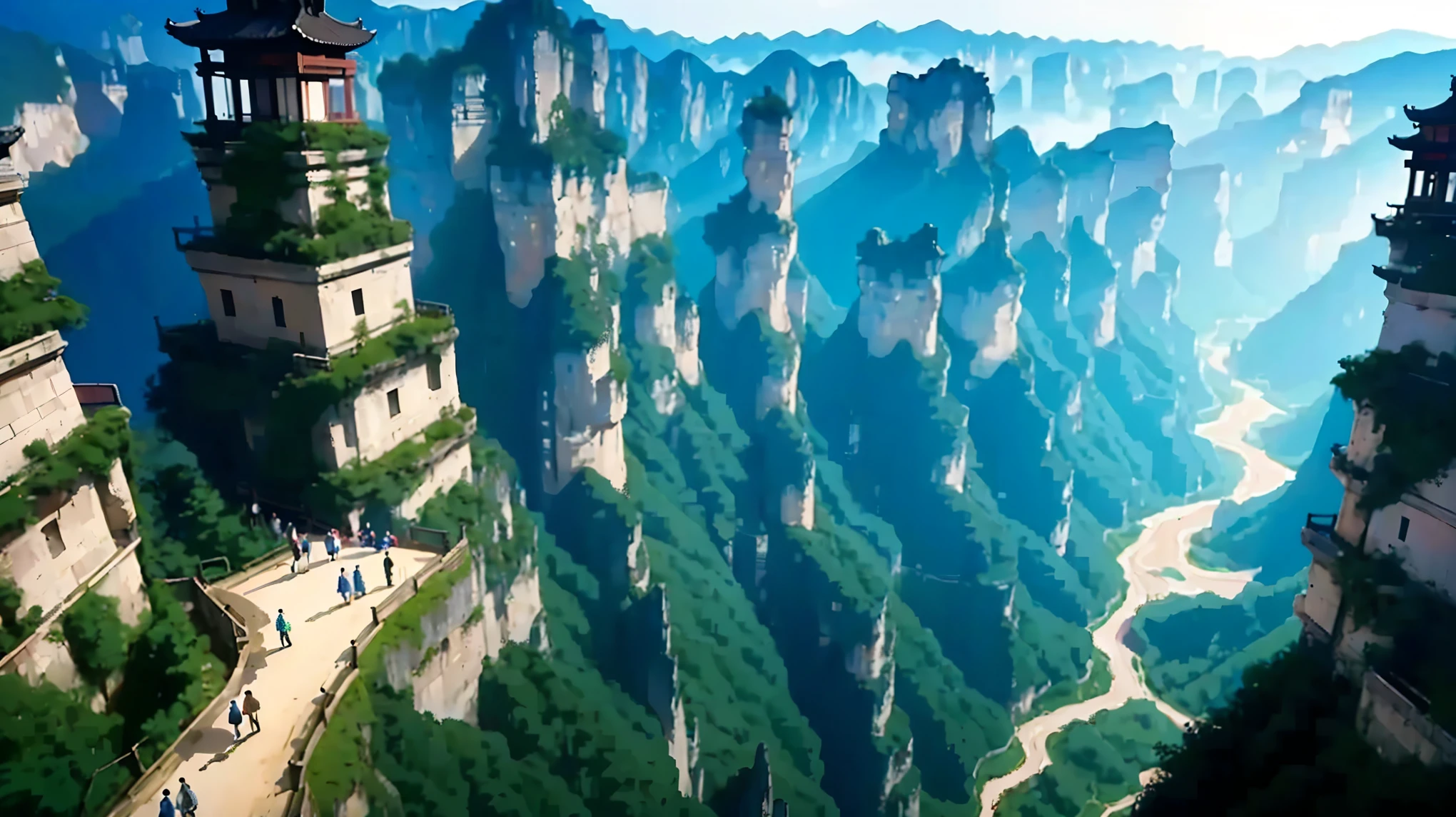 (masterpiece), (best quality), (ultra detailed),),Zhangjiajie national forest park, tianmen mountain, zhangjiajie grand canyon, anime girls visit the Chinese national park, they are excited and happy standing on a ancient well kept wall, in the background is tianmen mountain and zhangjiajie grand canyon