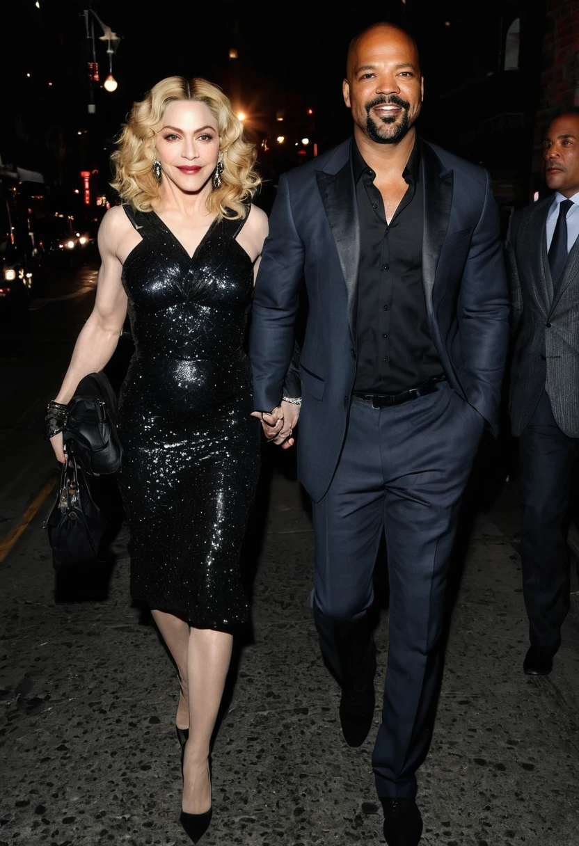 Madonna and a handsome African American male whose facial features are a combo of Isaiah Mustafa + Dennis Rodman + Jeffrey Wright enjoy an evening stroll. Both are smiling. Both are dressed attractively for a night on the town. Madonna wears a sparkly black dress. Madonna has lovely makeup on her face. Nighttime. Romantic ambiance. Symmetrical eyes. Symmetrical faces. Lovely details. Photorealistic. Full-colored photo. Professional photo. Highly detailed 8K.