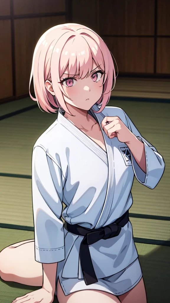 ((masterpiece, Highest quality, Very detailed, Very nice 8K CG wallpaper)), , A little thick, Medium Hair, Light pink hair, short hair, Pale pink eyes,judo player、長袖judo着、Large bust、ロングjudoパンツ、judo、Serious expression、Inside the judo Gymnasium、、On the tatami、discovery、One Girl、Ready for battle、A tough fight、Mizuki Akatsukiyama、Bust Size AA Cup