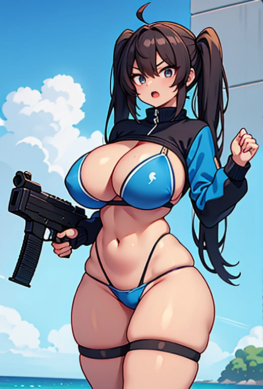 Young girl, Pullover, blue bikini, mini bikini, whole body to see, open mouth, angry, scream, pigtails hair , (( very wide hips)), (((colossal Thighs, gigantic thighs, very huge thighs, very big thighs))), fullbody, platform heels, tanned , brown skin, big breast, gun, soldier girl , black hair, leg garter, standing, front pose, redhead, standing, front pose,