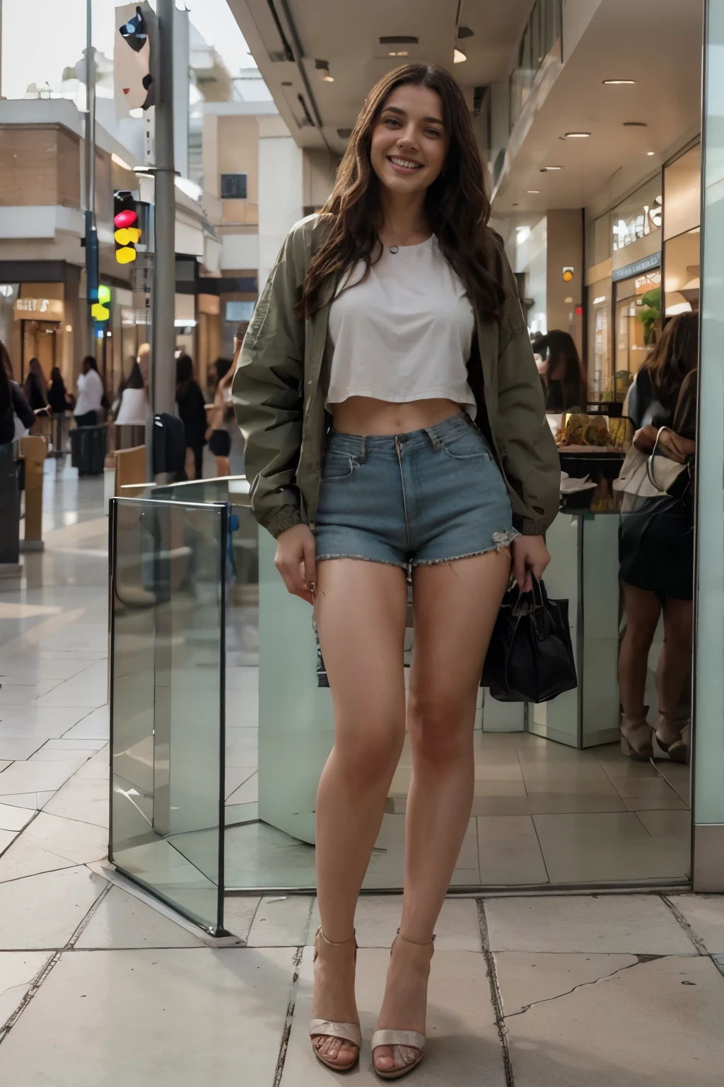 Beautiful 26 year old woman, 170 cm tall, 60kg weight, White skin, long dark curly hair, green eyes, hairstyle, wearing short loose t-shirt, jacket, heels, looking somewhere else, (((Mall))), front of the window, laughing out loud, natural morning light, Realistic portrait, Very detailed, analog style, under the chest, mama, nipple, (((full body))),