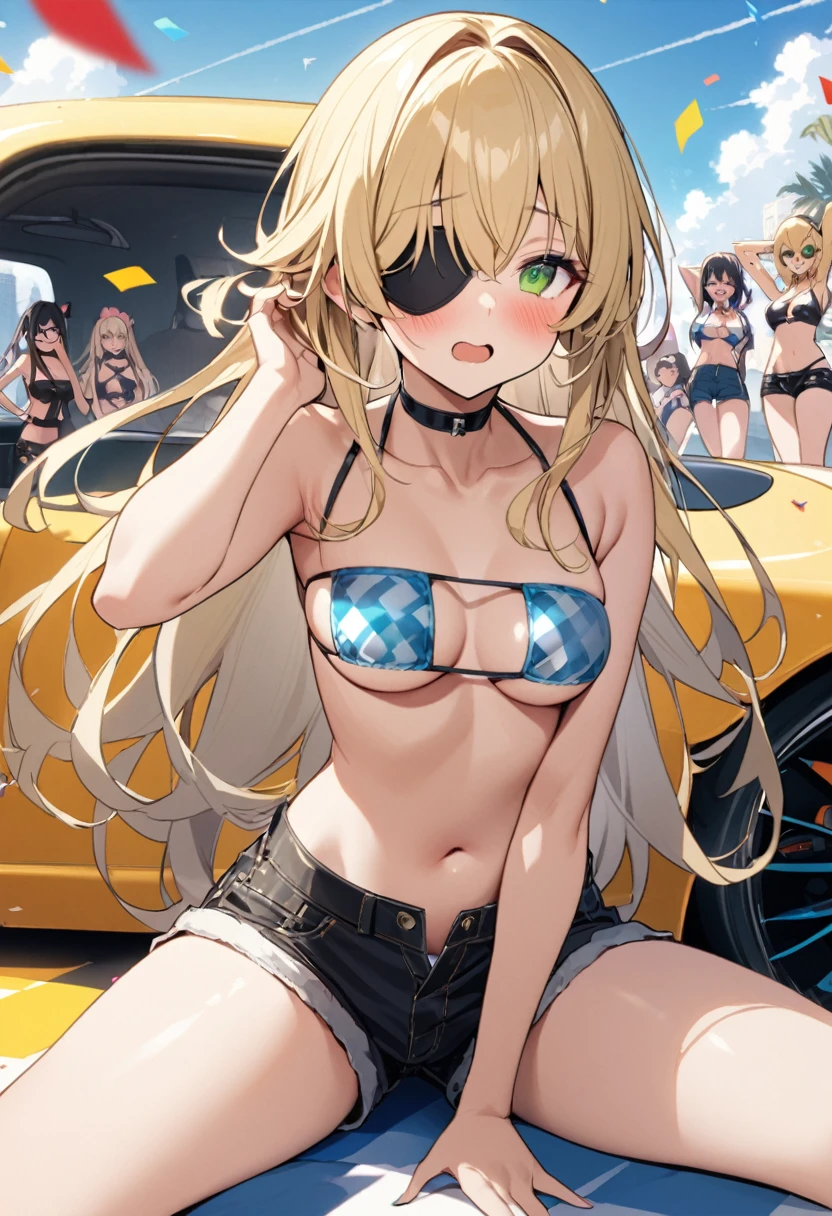 1 girl、solo、Long Hair、chest、Staring at the audience、blush、笑face、Blonde Hair、大きなchest、belly button、chestの谷間、Sitting、Close your mouth、Green Eyes、Swimwear、Short sleeve、(face:No eyepatch)、Eyepatch bikini、Thighs、Outdoor、Open clothes、null、Glasses、Shorts、choker、noon、cloud、stomach、青null、Shorts、Underbust、(Eyepatch bikini:black)、High leg、blackchoker、blackShorts、Hair Intake、地上car両、自動car、car、Open Fly、Confetti、眼帯High legビキニ、Micro Shorts、Race Queen