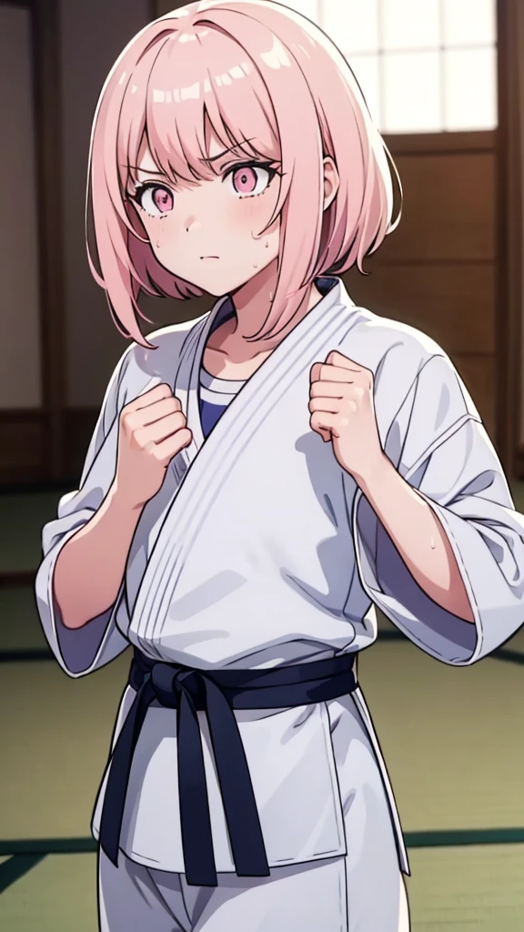 ((masterpiece, Highest quality, Very detailed, Very nice 8K CG wallpaper)), , A little thick, Medium Hair, Light pink hair, short hair, Pale pink eyes,judo player、長袖judo着、Large bust、ロングjudoパンツ、judo、Serious expression、Inside the judo Gymnasium、、On the tatami、discovery、One Girl、Ready for battle、A tough fight、Mizuki Akatsukiyama、Bust Size AA Cup、Sweating