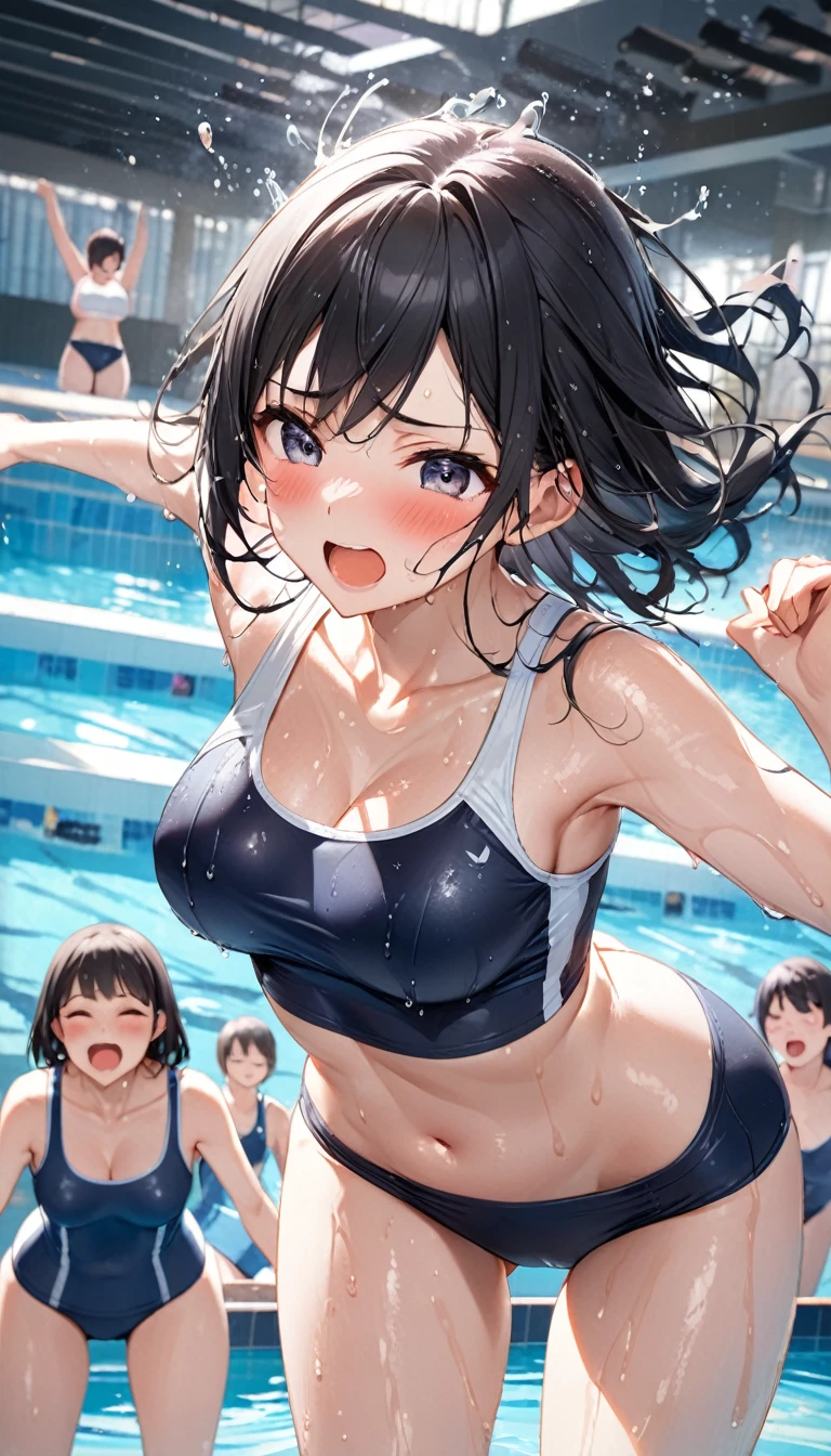 Highest quality, Great quality, 16K, Unbelievably absurd, Very detailed, delicate and dynamic,Indoor swimming pool, Create amazing image effects , Wet, sweating, receive, close(Cute sexy girl, A large, swaying bust, Sensual expression, Cool girl, Black Hair、Severe, passion, dynamic, School Swimsuit,audience , much-air-laden cheer)