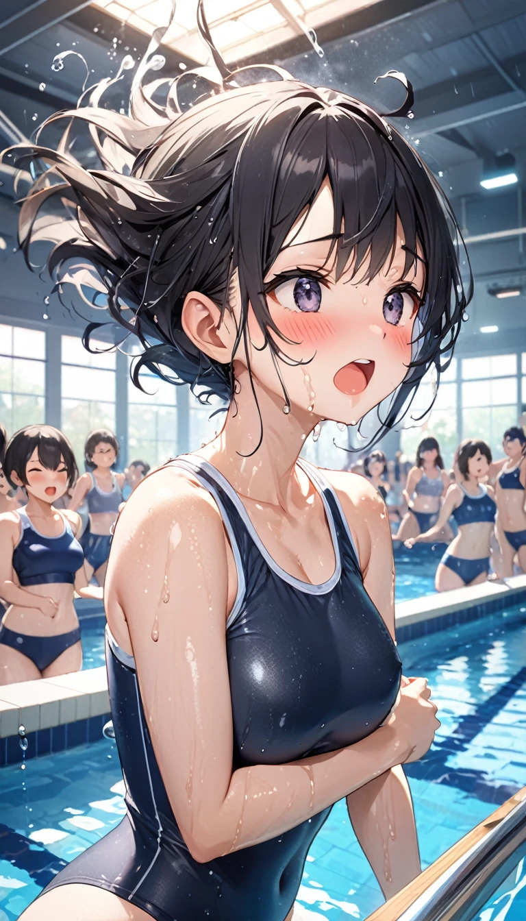 Highest quality, Great quality, 16K, Unbelievably absurd, Very detailed, delicate and dynamic,Indoor swimming pool, Create amazing image effects , Wet, sweating, receive, close(Cute sexy girl, A large, swaying bust, Sensual expression, Cool girl, Black Hair、Severe, passion, dynamic, School Swimsuit,audience , much-air-laden cheer)