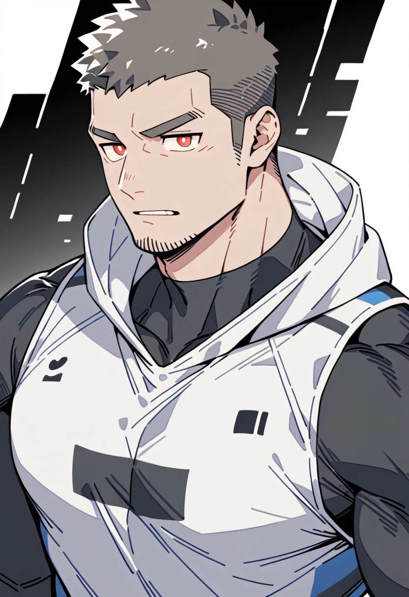 anime characters:Priapus, Dark Grey Skin Muscle Sports Student, Buzz Cut, Manliness, male focus, Sports tight hooded sweatshirt, Under Armour Brand, Wear a high-necked tights underneath, Very tight, Huge pectoral muscles, muscular male, muscular, only, Upper body, alone, Red short hair, Thick eyebrows, stubble, Brown-red pupils, White background, Solid color background, Clean background, simple background, amazing quality, best aesthetics, Ridiculous, crew cut, bright pupils, embarrassed, frown, parted lips, endured face, negative space, negative space, best quality