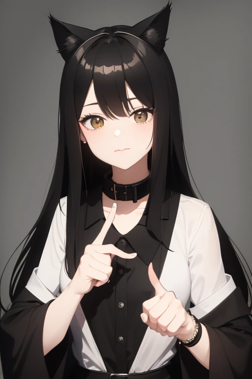 Thinned black hair、Messy hair、Make a peace sign、Black fluttering clothes、cute、Stylish、Black cat ears、Wearing a collar