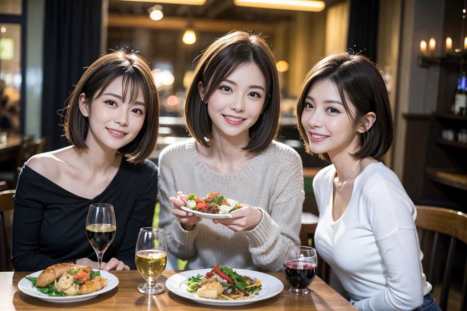 (Realistic:1.1),(masterpiece,Highest quality),8k,(49 years old), 53 years old, ベリーslimボディ、slimカップル、Tight waist,Upper Body,full-course dinner、wine 、Amazing view of the sunset sky and clouds、Perfect Anatomy, Brown Hair, short hair,Random Hairstyles,((Highly detailed face and eyes:1.2)),Perfect golden ratio face,Long sleeve shirt、dress,(smile:1.2)、Shortcuts、cute、(Realistic, Intricate details:1.2), A bright smile、short hair,Bright Face、赤wine 、Appetizers、Italian food、wine bottle、Champagne、スパークリングwine、(slimな顔), (The body is slim), (Brown Hair), (Shortcuts), Upper Body, 白wine, slim, wineグラス,
