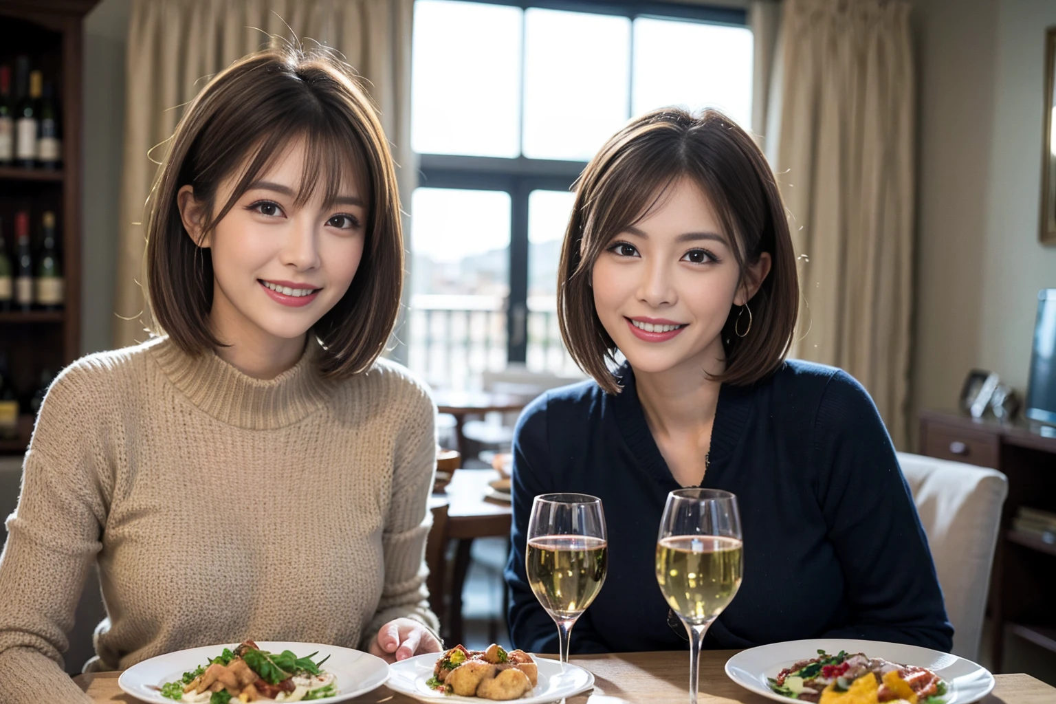(Realistic:1.1),(masterpiece,Highest quality),8k,(49 years old), 53 years old, ベリーslimボディ、slimカップル、Tight waist,Upper Body,full-course dinner、wine 、Amazing view of the sunset sky and clouds、Perfect Anatomy, Brown Hair, short hair,Random Hairstyles,((Highly detailed face and eyes:1.2)),Perfect golden ratio face,Long sleeve shirt、dress,(smile:1.2)、Shortcuts、cute、(Realistic, Intricate details:1.2), A bright smile、short hair,Bright Face、赤wine 、Appetizers、Italian food、wine bottle、Champagne、スパークリングwine、(slimな顔), (The body is slim), (Brown Hair), (Shortcuts), Upper Body, 白wine, slim, wineグラス,