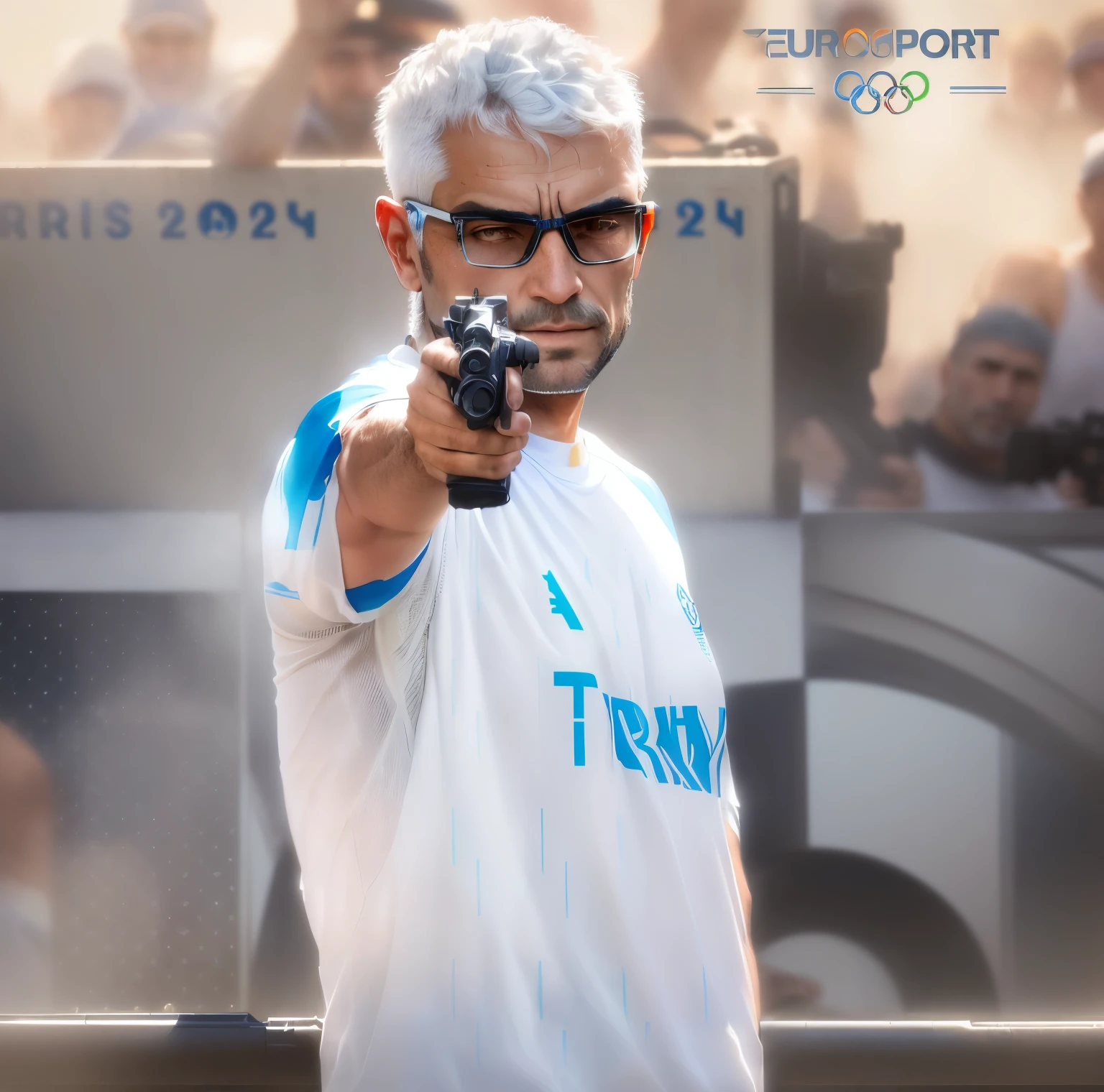 A middle age Turkish gunner player with medium white hair, wearing eyeglasses, wearing white T-shirt screen word Turkeypointing a gun at the camera with a crowd watching, by Ludovit Fulla, france, christian dimitrov, by Esaias Boursse, inspired by Ion Andreescu, alexey egorov, 🇺🇦, thierry doizon, bolt pistol in one hand, photo from the olympic games, yann blomquist, emad mostaque