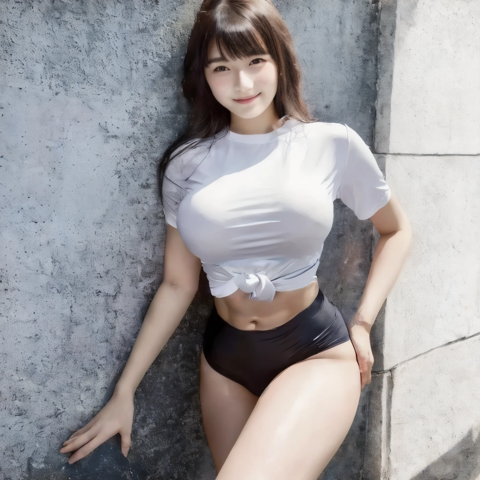 bestquality, raw photograph, ultra-high resolution, Taking pictures from the side, Bright silver hair, Bright gray hair, wry smirk, One corner of the mouth lifts up., Korean 16 years old, Very large round breasts., cleavage, Cropped T-shirt, running clothes, Training Kit, Running Shorts, Fair-skinned, Fair-skinnedเงางาม, Short Bob, Smooth and fits together beautifully., Beautiful eyes of random colors, The lips are very thin., Beautiful eyes in every detail, Long eyes, Light pink cheeks, ขนLong eyes, Beautiful double eyelids, eye shadow, Pretty thin legs., Beautiful feet, Beautiful navel, Beautiful ABS, Beautiful ribs, beautiful contraction, beautiful hip line, necklace, earrings, Hair ornaments, Night Park, night stairs, Concrete Wall, Place your hands on your hips and take a bossy position, nipples pushing up your shirt.