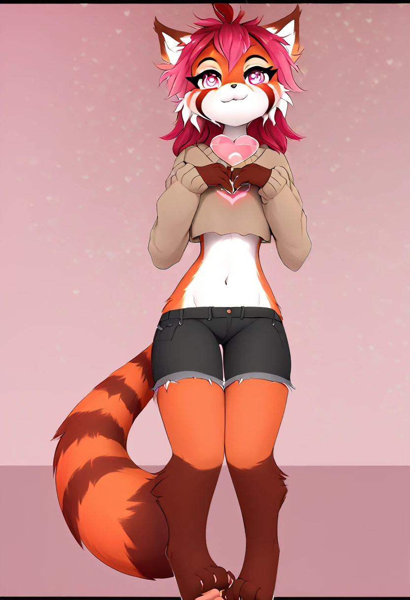 Female, (hybrid: cat, red panda), anthro, solo, front view, full body, white body, white fur, fur markings, pink markings in face, red heart marking on knuckles, dark tan sweater, long sleeve, heart upper boob cleavage, black shorts, cutoff shorts, barefoot, paw pads, red paw pads, heart eyes, pink eyes, detailed fur, 4k fur, perfect body, no deformities,