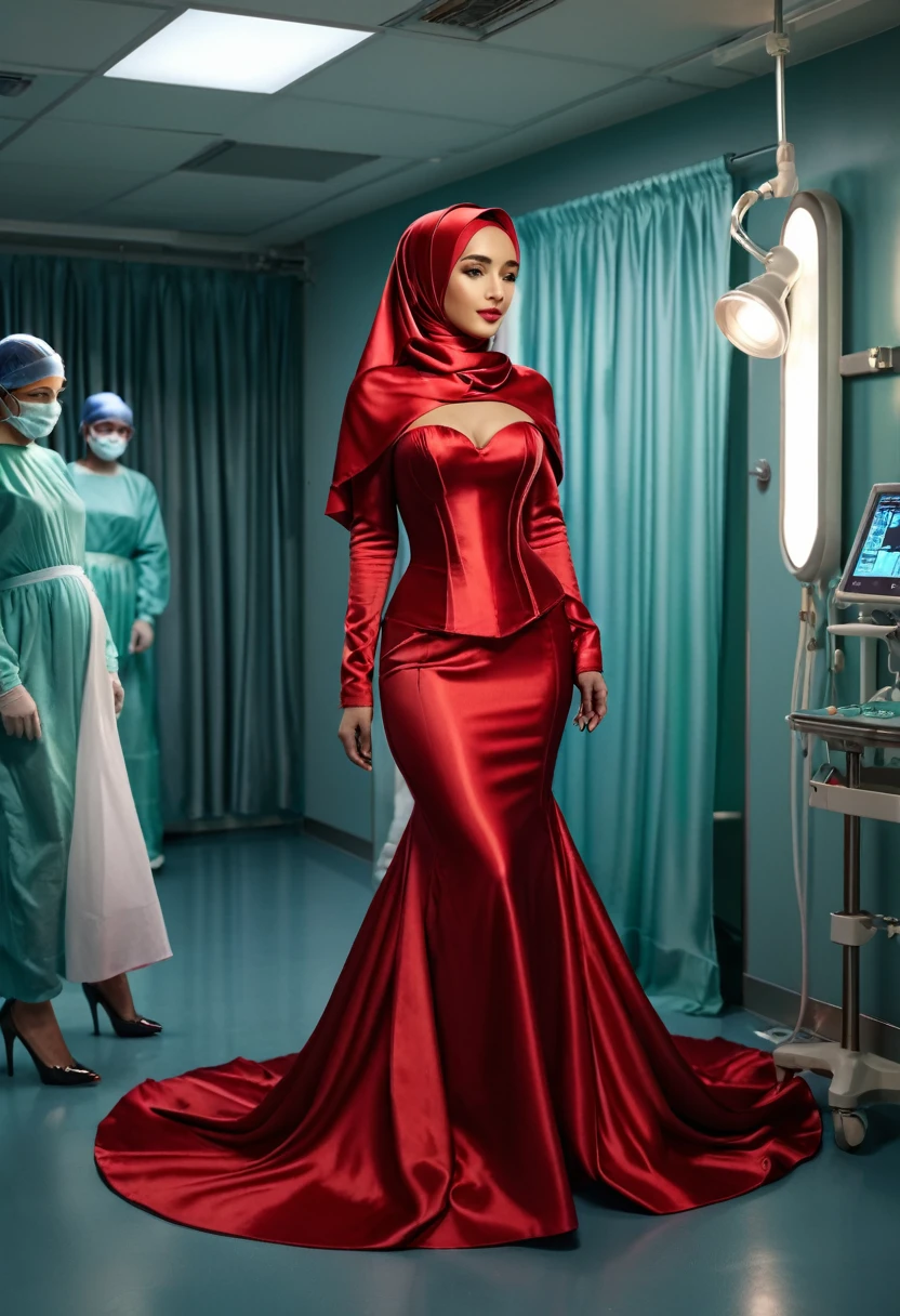 a woman in the silk gown, full body,wear hijab,wear corset ,brest expose, half neked, mermaid tight long gown, flowy dramatic long gown, double long satin train ( 4 meter long ),red satin sheet, in surgical operating room, in wear high heels, masterpice, 4k resolution, ultra-realistic, highly detail.