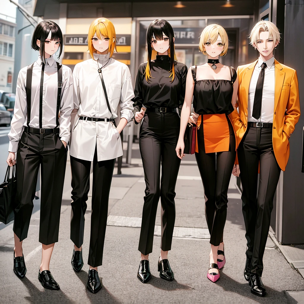 Yellow Hair　Orange　Black and white clothes　Black trousers　Pink Shoes　Drinking juice　
