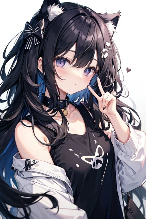 Thinned black hair、Messy hair、Make a peace sign、Black fluttering clothes、cute、Stylish、Black cat ears、Wearing a collar