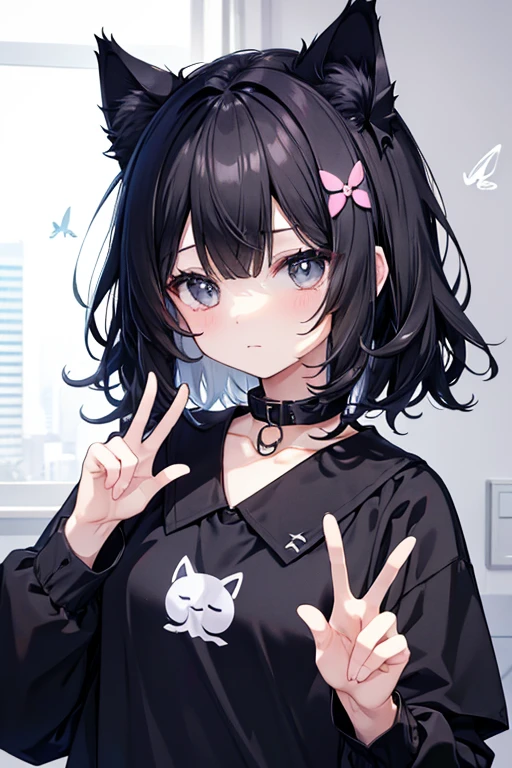 Thinned black hair、Messy hair、Make a peace sign、Black fluttering clothes、cute、Stylish、Black cat ears、Wearing a collar