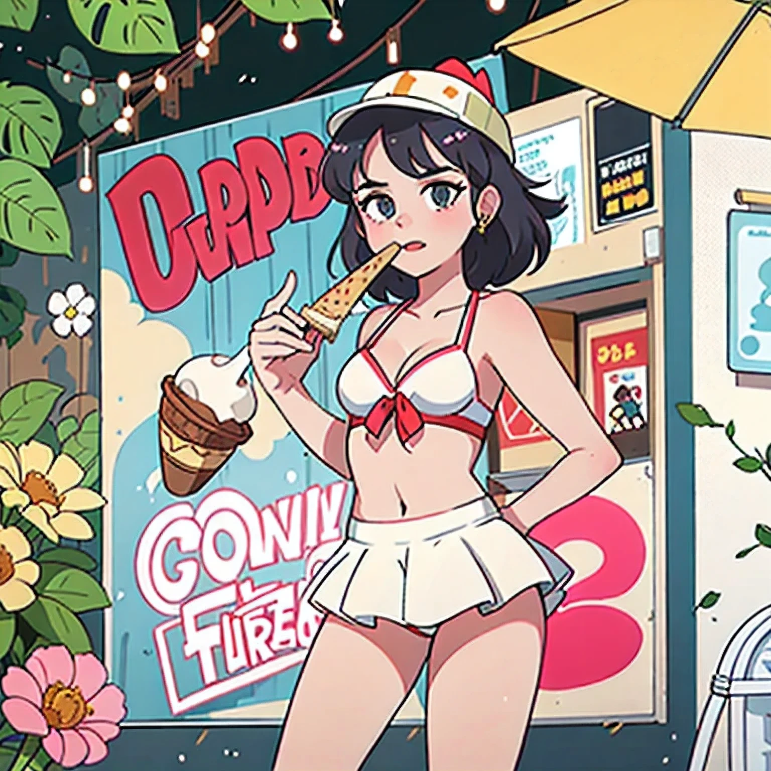 girl in a bikini eating an ice cream cone, eating ice cream, in a bikini, angela white, giorgia meloni, katy perry, in bikini, eating ice - cream, wearing spandex bikini, ice cream on the side, bikini, ice cream, wearing a bikini, candid photo of dirty, shiny plastic bikini, candid shot, cone, 1 girl, solo,in a green dress standing by a wall,portrait of female idol