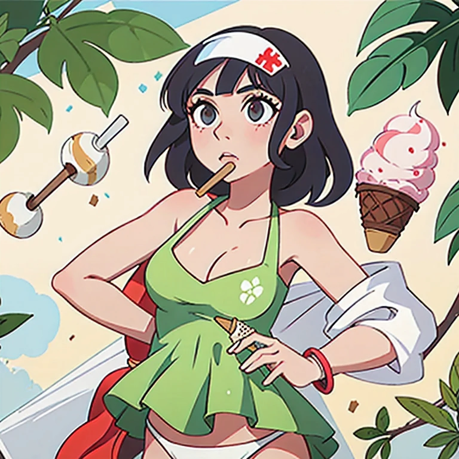 girl in a bikini eating an ice cream cone, eating ice cream, in a bikini, angela white, giorgia meloni, katy perry, in bikini, eating ice - cream, wearing spandex bikini, ice cream on the side, bikini, ice cream, wearing a bikini, candid photo of dirty, shiny plastic bikini, candid shot, cone, 1 girl, solo，in a green dress standing by a wall,portrait of female idol
