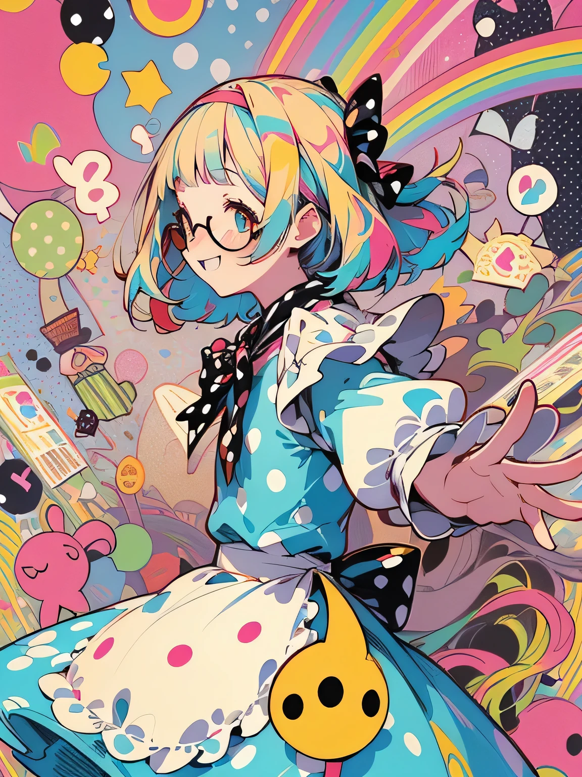 sideview,((Alice in Wonderland:1.3)),rainbow color hair,thin braids ,rem red glasses,blunt bangs,((A vibrant and lively background:1.2)),(Pop and cute black polka dot pattern:1.45)),((You are the main character！:1.2)),((Beautiful images:1.15)),((high quality:1.15)),((Perfect graphics:1.15)),(girl、Lady:1.2),Big smile,(blush、Embarrassed laugh:1.25),(white、pink、cream、black、yellow)