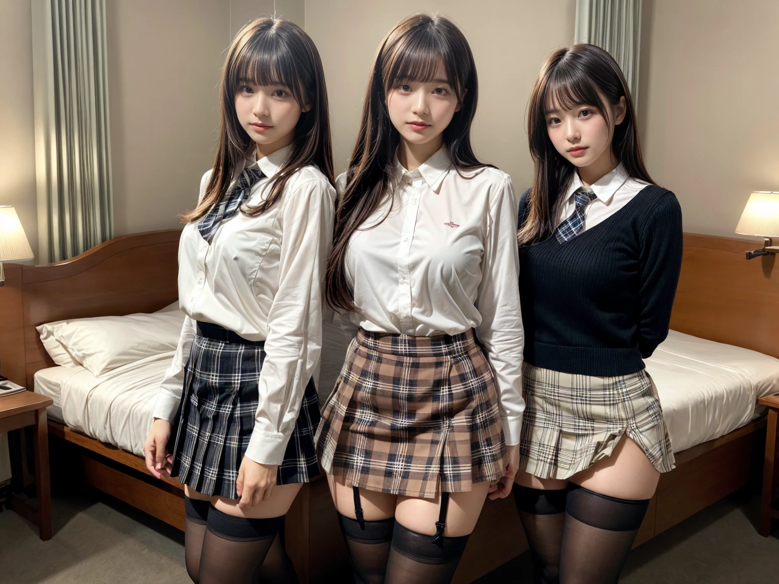 masterpiece, best quality, illustration, Super detailed, fine details, High resolution, 8K,wall paper, perfect dynamic composition,(Details High quality, realistic depiction of eyes:1.3), (3 girls), (white school shirt :1.2), (plaid skirt :1.3), tie black, black thigh-high stockings, sitting, open legs, short bob hair, in a hotel room in the background, deep on field, large breasts, black hair color, Big Natural Color Lip, (perfect body shape), crying a little、Harajuku style、20 year old girl、cute type、beautiful legs, Gravure Idol