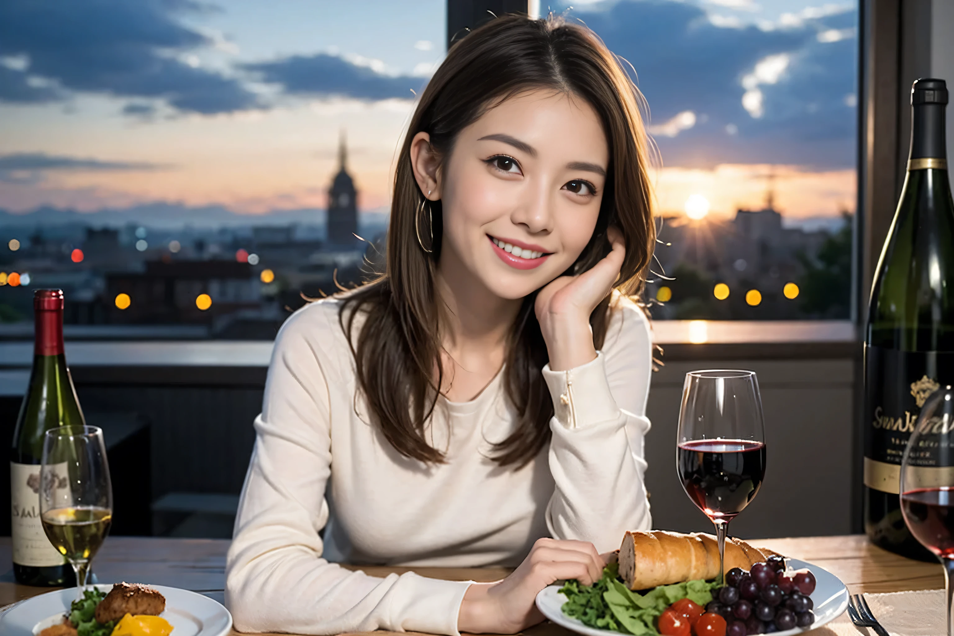 (Realistic:1.1),(masterpiece,Highest quality),8k,(49 years old), 53 years old, ベリーslimボディ、slimカップル、Tight waist,Upper Body,full-course dinner、wine 、Amazing view of the sunset sky and clouds、Perfect Anatomy, Brown Hair, short hair,Random Hairstyles,((Highly detailed face and eyes:1.2)),Perfect golden ratio face,Long sleeve shirt、dress,(smile:1.2)、Shortcuts、cute、(Realistic, Intricate details:1.2), A bright smile、short hair,Bright Face、赤wine 、Appetizers、Italian food、wine bottle、Champagne、スパークリングwine、(slimな顔), (The body is slim), (Brown Hair), (Shortcuts), Upper Body, 白wine, slim, wineグラス,