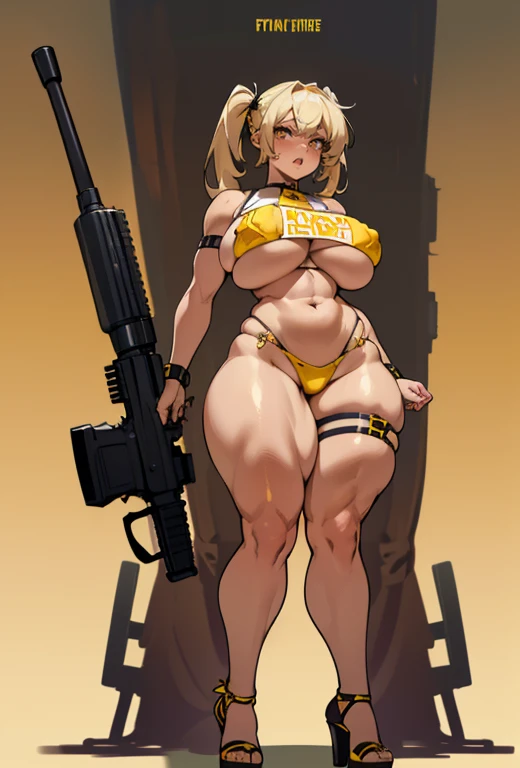 Young girl, Pullover, yellow bikini, mini bikini, whole body to see, disgusting face, angry, scream, pigtails hair , (( very wide hips)), (((colossal Thighs, gigantic thighs, very huge thighs, very big thighs))), fullbody, platform heels, tanned , brown skin, big breast,  gun, soldier girl , leg garter, standing, front pose, blonde,