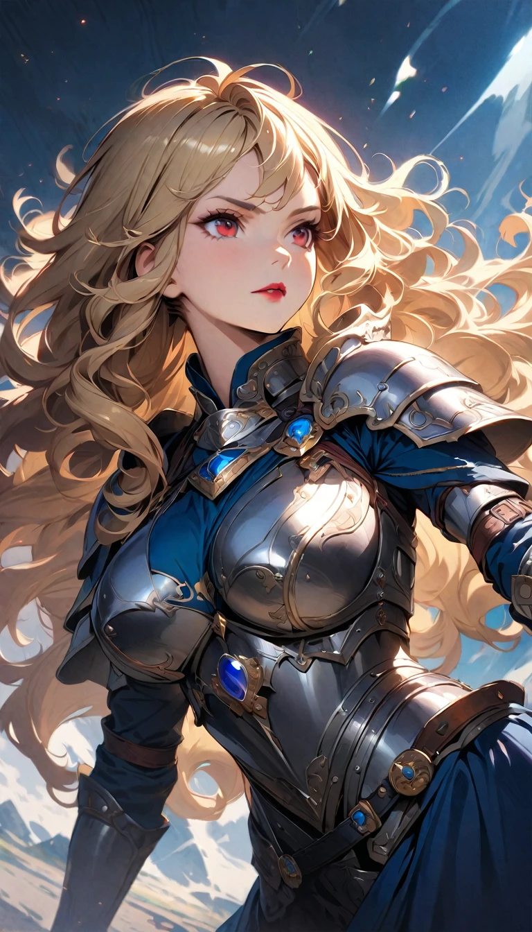 (best quality), (very aesthetic), (ultra-detailed), (best illustration), 1 woman, Solo, fine texture, light blonde hair, long hair, curly hair, dark red eyes, lipstick, (large breasts1.2), Western Armor, Silver Armor, Blue gemstone decoration, Blue cape, ready a sword