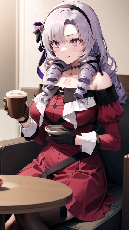masterpiece, best quality, highres, hmsalome, drill hair, parted bangs, black hairband, ribbon, purple eyes, large breasts, tattoo, red dress, long sleeves, bare shoulders, black gloves, cowboy shot, sitting, sofa, holding cup, coffee, table