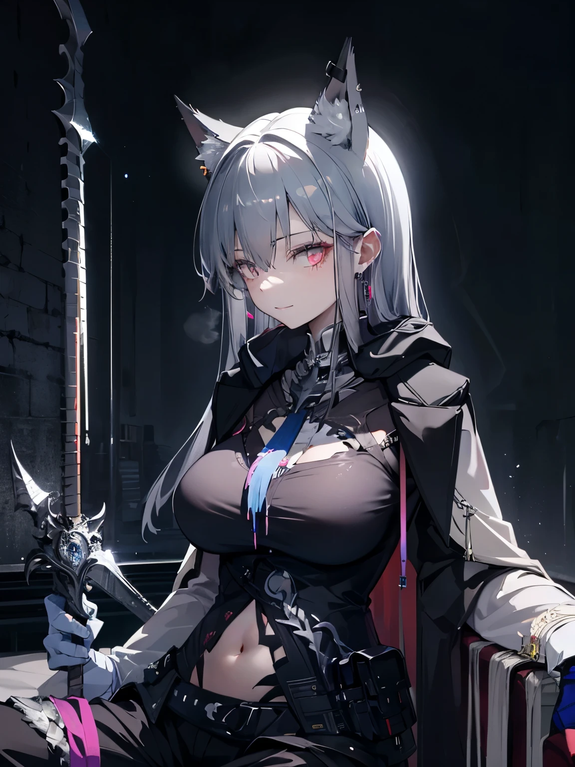 albino, girl, Backstreets, dark, Bright with neon lights, Large Breasts, Pink Eyes, Glowing Eyes, Black clothes, Red decoration, Sitting cross-legged, close, Looking into the camera, nice, short, dark shadow, Gray Hair, Durable clothing, Have, uniform, arms, Older Woman, bare navel, Less exposed skin, Exposing shoulders, Thick hoodie, smile, Wink, sword, gloves, Long trousers, Six Pack, muscle, Sitting on the stairs, dark, police, Earrings, Right, Night view, profile, Upper body only, Strange Eyes, hair falls into eyes 、Sitting in a big red chair、The spine is in the right position.、