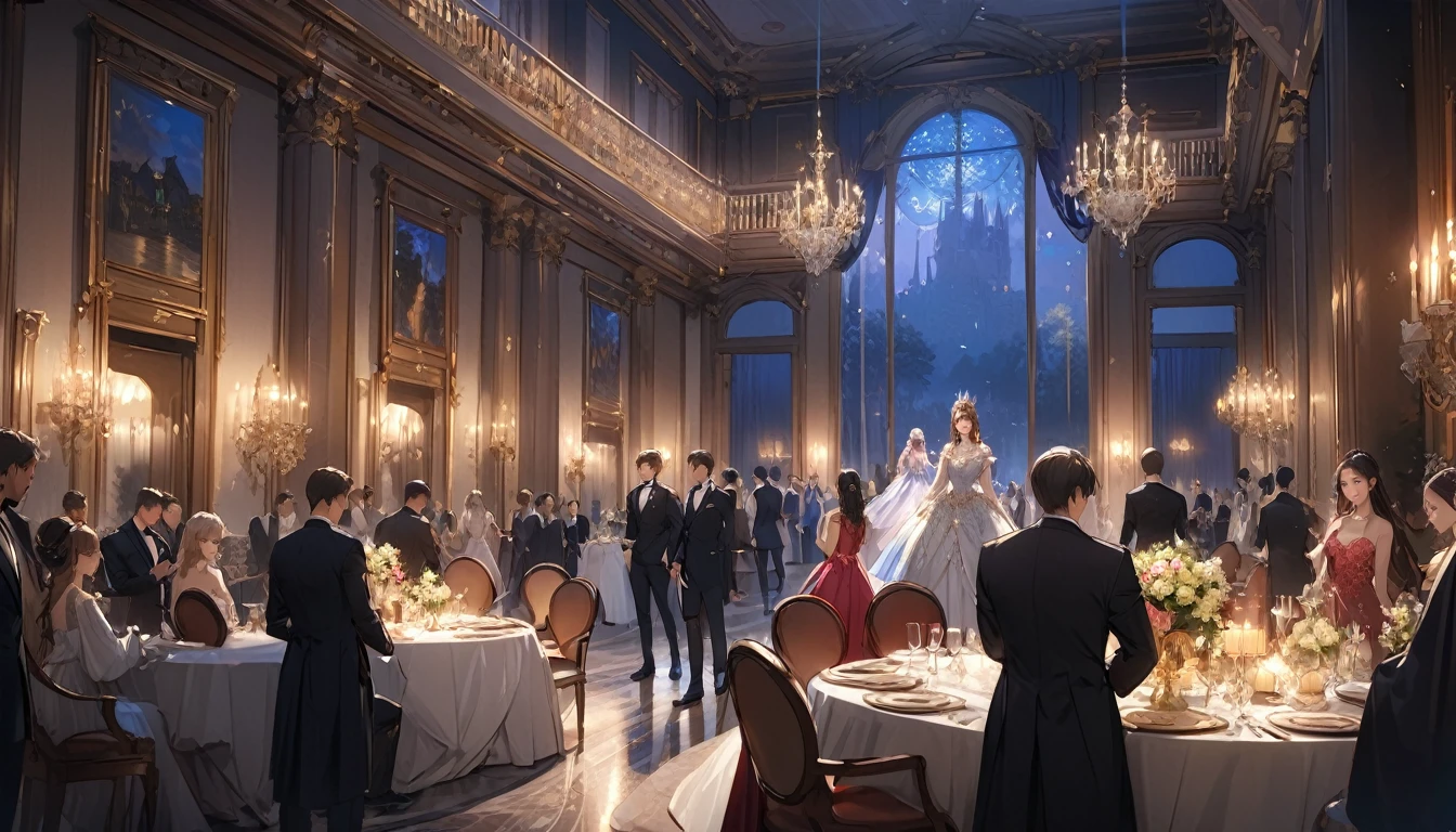 (masterpiece、premium quality、ultra detailed) , (4girl) , (3boy),Gathering of kings and queens of the nations, elegant dinner, inside the most beautiful mansion, at night, armed guards watching the scene.