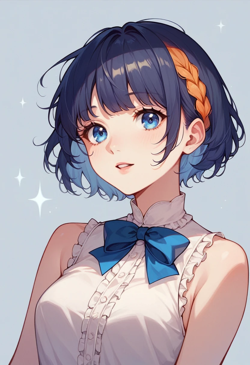 Short black hair、1 girl,albino, cute, bionde、beautiful, short hair, Blue eyes, hair with ribbon,night light ((8k, Hmm, surreal))、Add orange braids to your hair、wearing a sleeveless dress。I'It'blue sea、walk on the white beach
