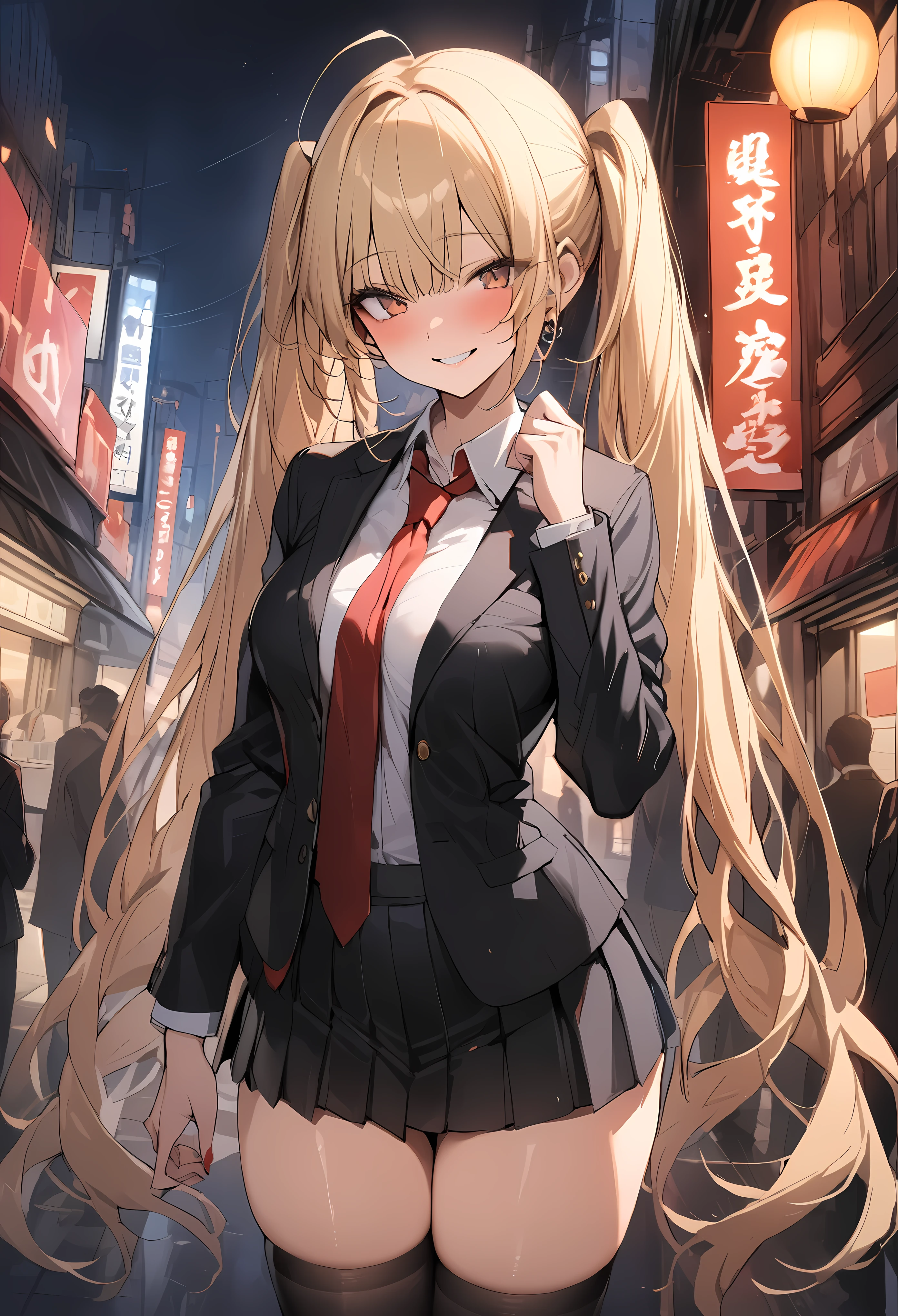 ((masterpiece,best quality anime,Highest quality:1.3)),cowboy shot,Mature Beauty,solo,1woman,((very small head:1.3)),((ideal ratio body proportions:1.2)),blonde hair,high twin tails,straight long hair,bangs,gorgeous eyes,brown eyes,smile,(School uniform、Black blazer jacket、Red tie、Black pleated mini skirt),black_thighhighs,((slender body,skinny)),medium breasts,gleaming skin,shiny skin,on street,shibuya、Modern Tokyo、