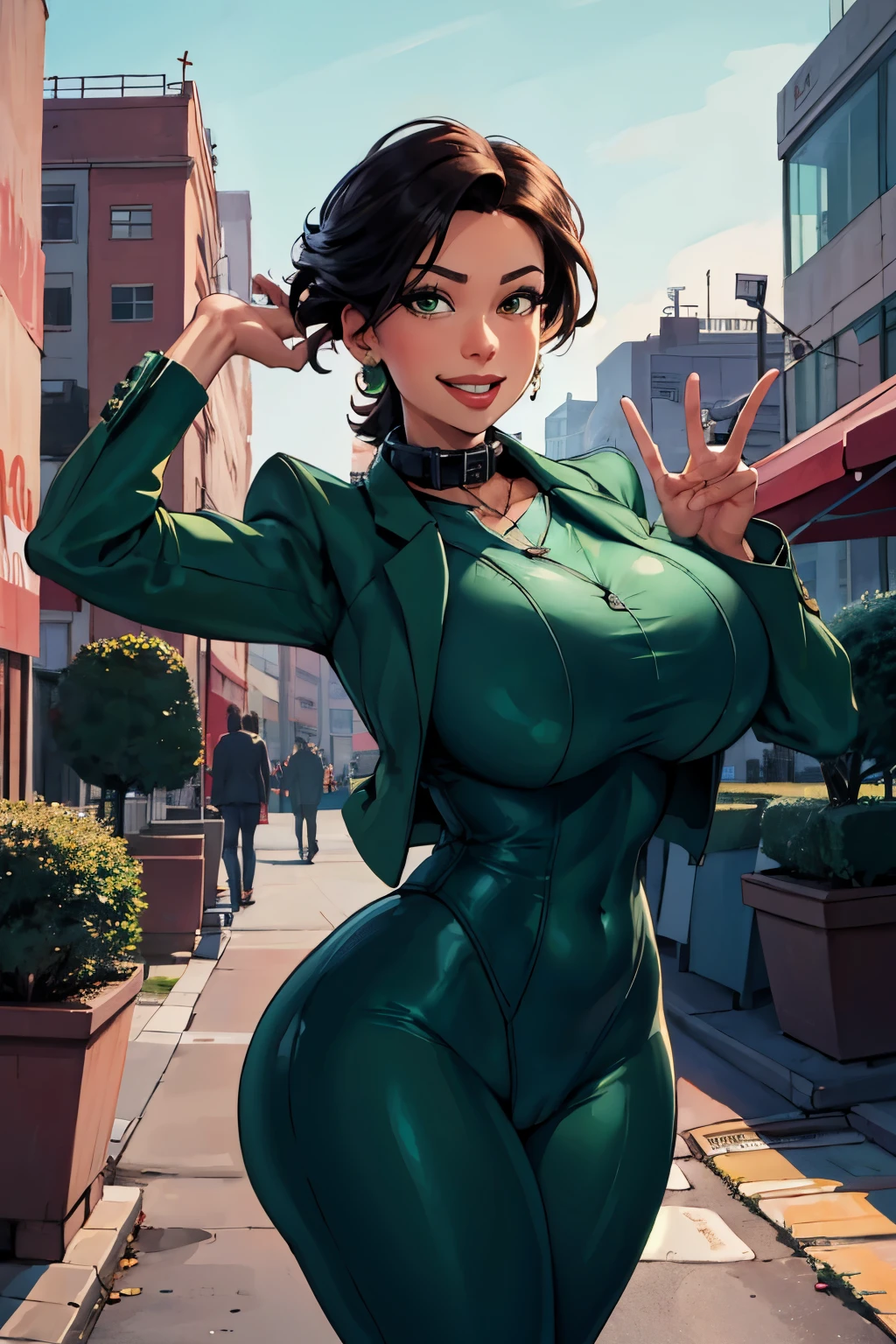 mingle, 1 girl, green jacket, pants, collar, smiling, (curves), city, dynamic pose, milf, masterpiece, Best Quality, extreme detail, 8k, image sharpness