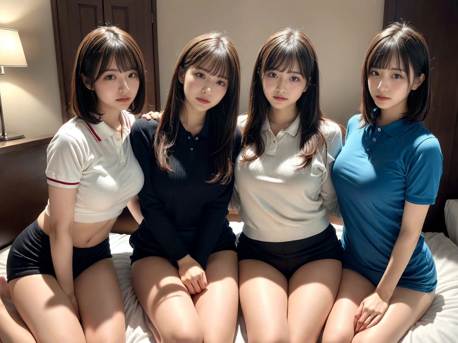 masterpiece, best quality, illustration, Super detailed, fine details, High resolution, 8K,wall paper, perfect dynamic composition,(Details High quality, realistic depiction of eyes:1.3), (3 girls), A tight polo shirt that expresses the roundness and softness of your chest., erotic shorts, sitting, open legs, short bob hair, in a hotel room in the background, deep on field, large breasts, black hair color, Big Natural Color Lip, (perfect body shape), crying a little、Harajuku style、20 year old girl、cute type、beautiful legs, Gravure Idol